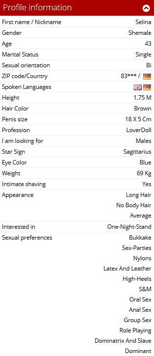 Shemale model's profile including sexual preferences as found on MyDirtyHobby.com
