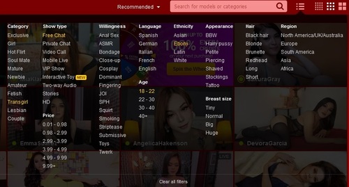 LiveJasmin offers an advanced filter for multiple choices