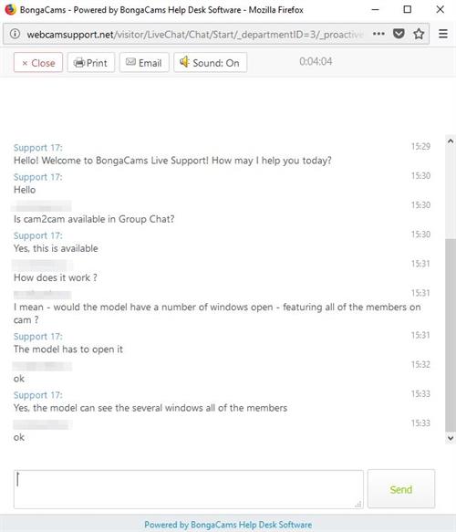 An example of Online Live Chat Support as featured on BongaCams.com