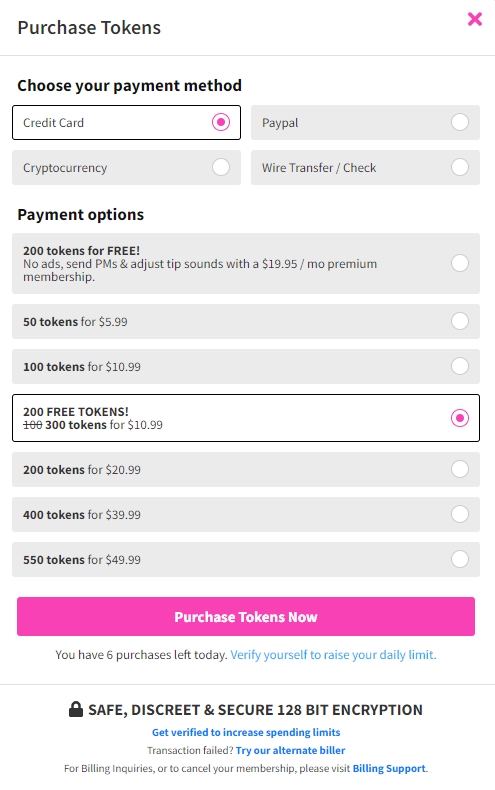 Choose one of four payment options when you purchase tokens on CamSoda