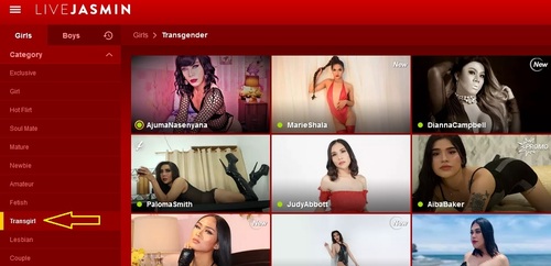 The homepage indicating how to find transgirls on LiveJasmin