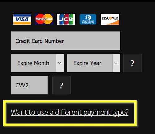 The Credits purchase page, indicating how to change the payment method.
