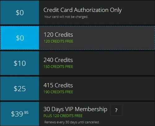 Credit purchase page for first time buyers on Flirt4Free.com