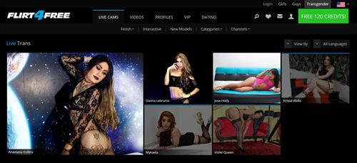 The transgender homepage with online models displayed on Flirt4Free.com