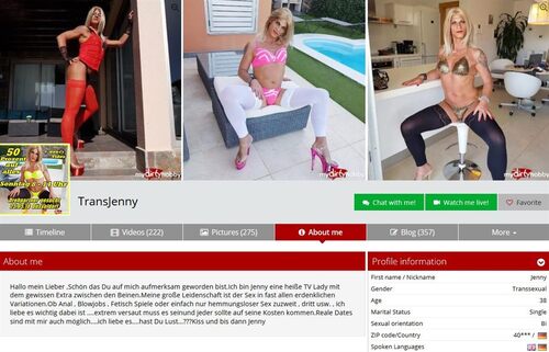 A transseaxul video chat host profile featured in German on MyDirtyHobby.com