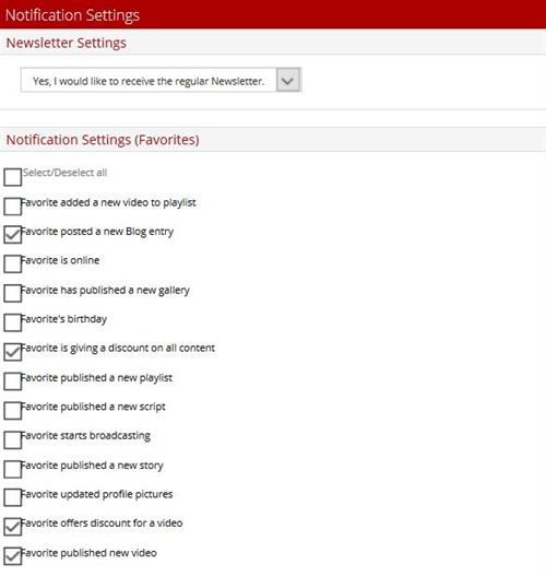 The customize notifications page with options on MyDirtyHobby.com